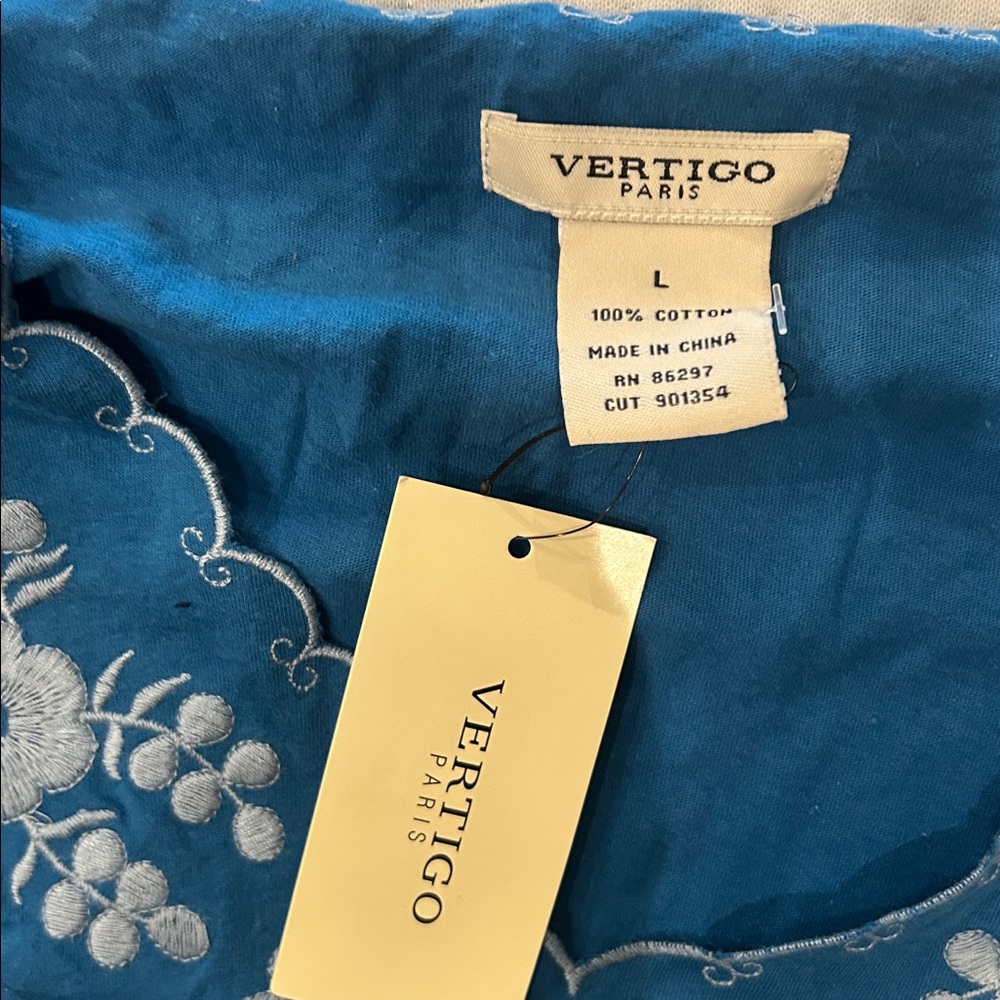 Vertigo Embroidered Blue Tunic Long Sleeve Top-L - Picture 2 of 9